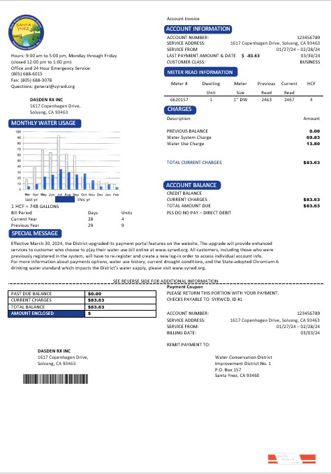USA California Santa Ynez water business utility bill template in Word and PDF formats